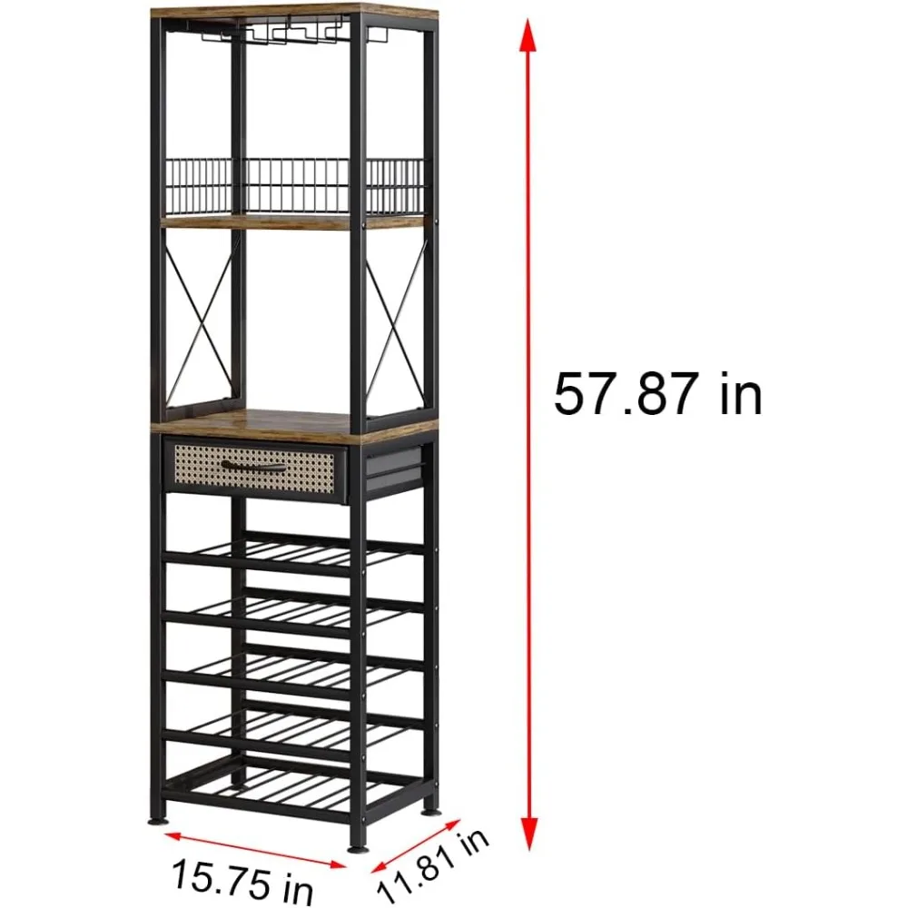 Armário de bar autônomo para vinho, para licores e copos, suporte de vidro de 4 camadas e gaveta de armazenamento para casa, bar, cozinha