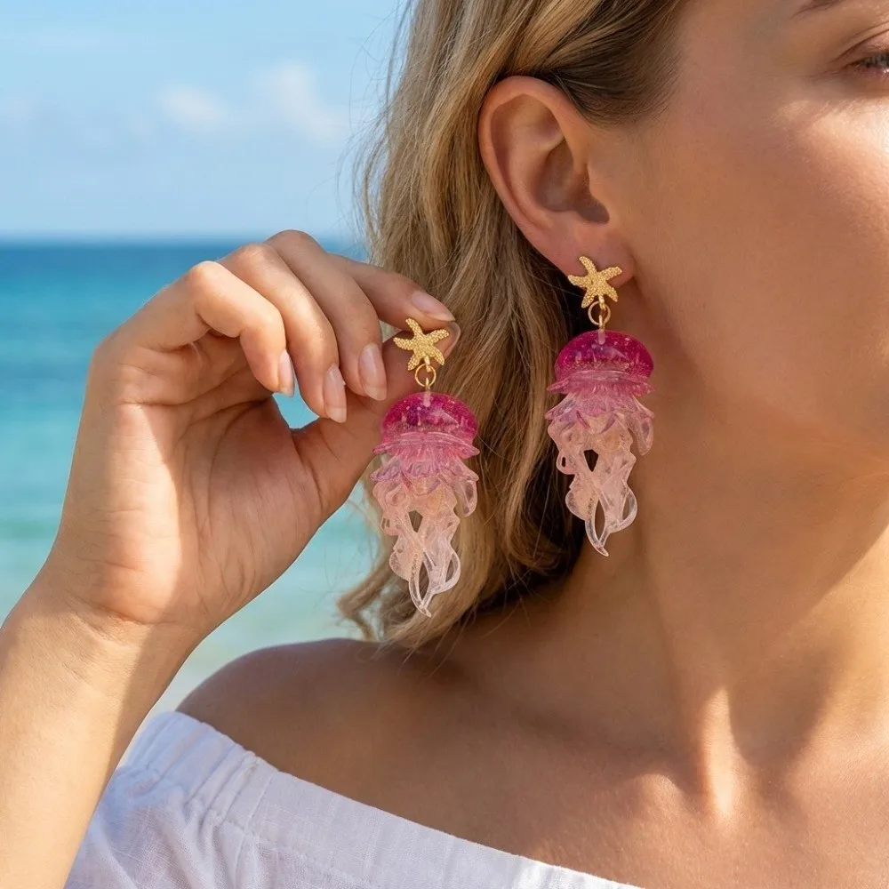 Ear Jewelry Acrylic Jellyfish Dangle Earrings Personality Beach Style Starfish Charm Earrings Creative Cute Summer Jewelry Gift