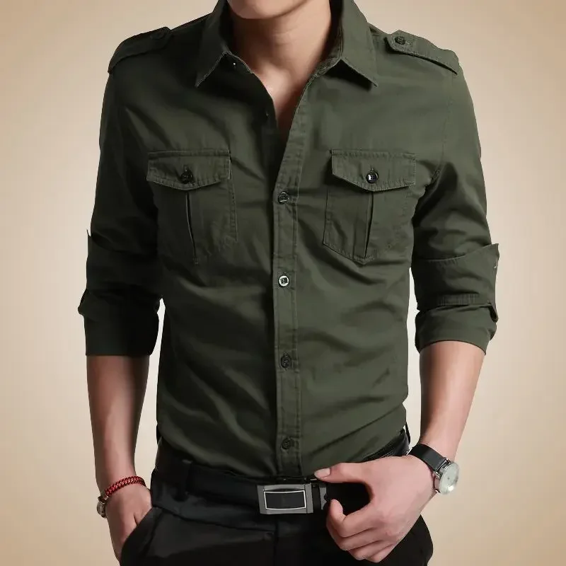 Men's Cotton Shirt Tooling Military Uniform Shirt Non-iron Long Sleeves Short Sleeve Spring and Fall Leisure Outdoor Shirt
