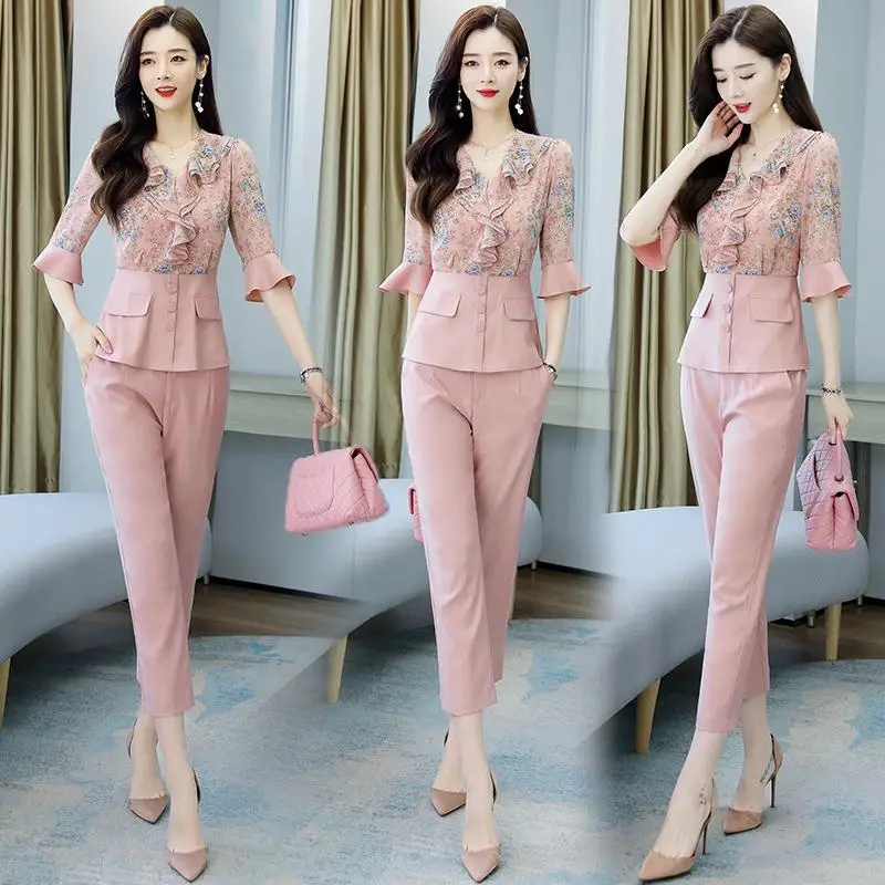 Celebrity Temperament Chiffon Shirt Large Set Summer New Goddess Style Casual Fashion Reducing Age Professional Two Piece Set