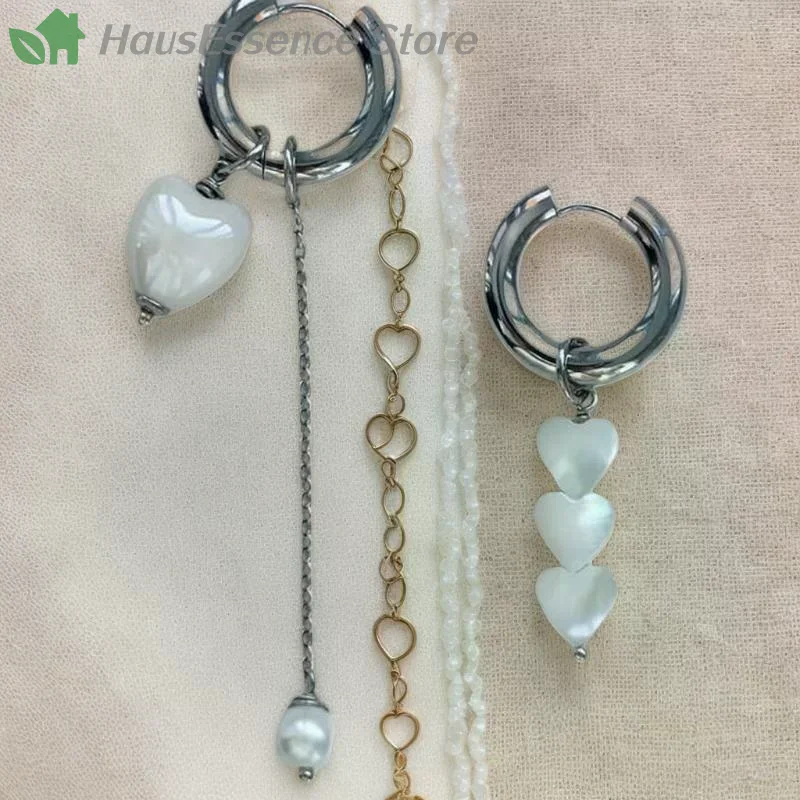 ※Retro New Trendy Geometric Stereo Heart-Shaped Earrings Designed For  Women Asymmetrical Imitation Pearl Earrings Punk
