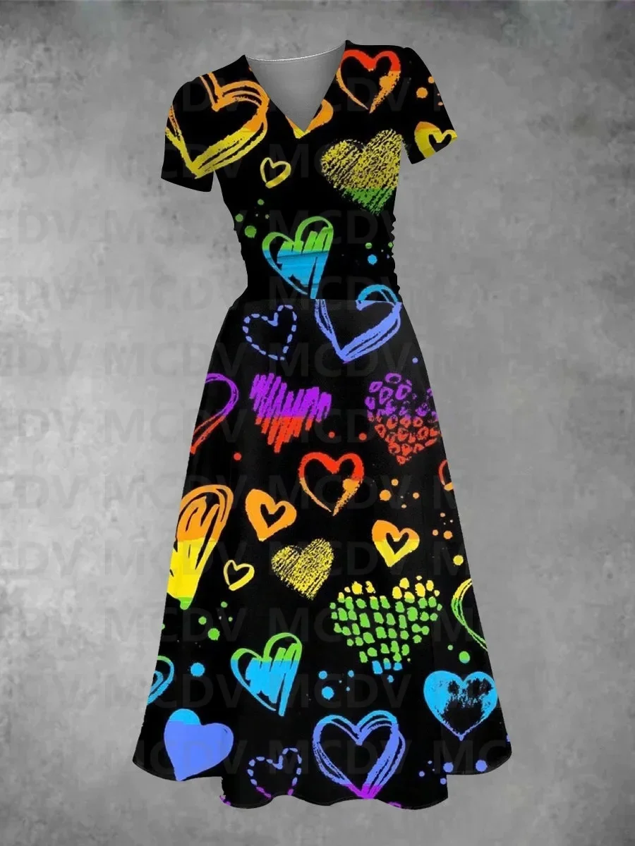 Women's Valentine Colorful Print Midi Dress 3D Printed Sexy V-neck Dress Female Dresses