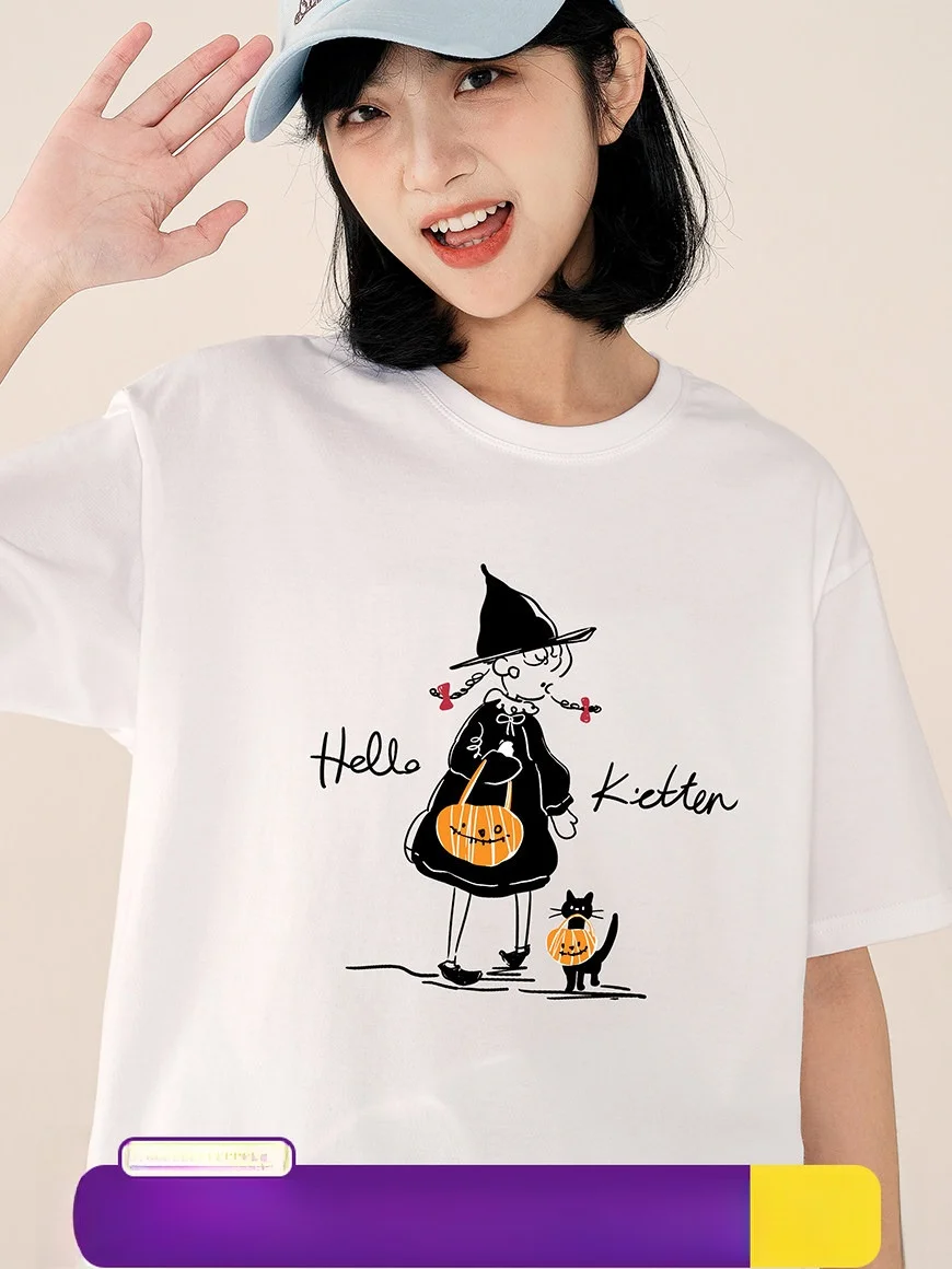 

Healing Girl And Illustration T-irt Women Summer Hand Dn Loose Cotton ort Sve loween Color Top
