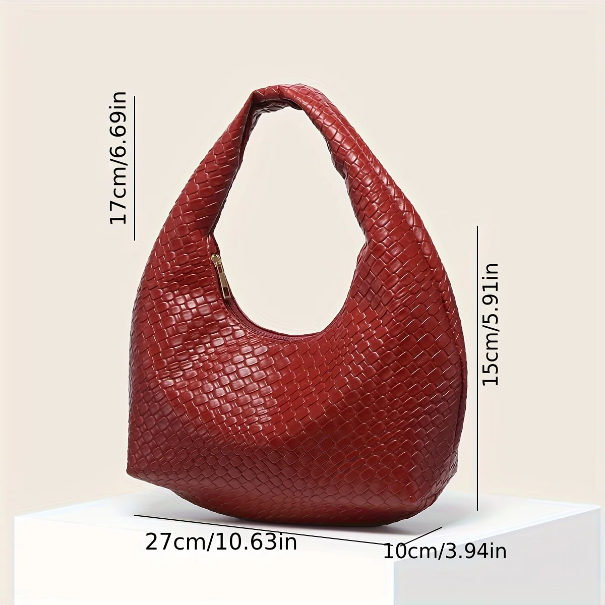 Women\'s elegant Burgundy woven Crescent Handbag - durable imitation leather shoulder tote, stylish underarm handbag