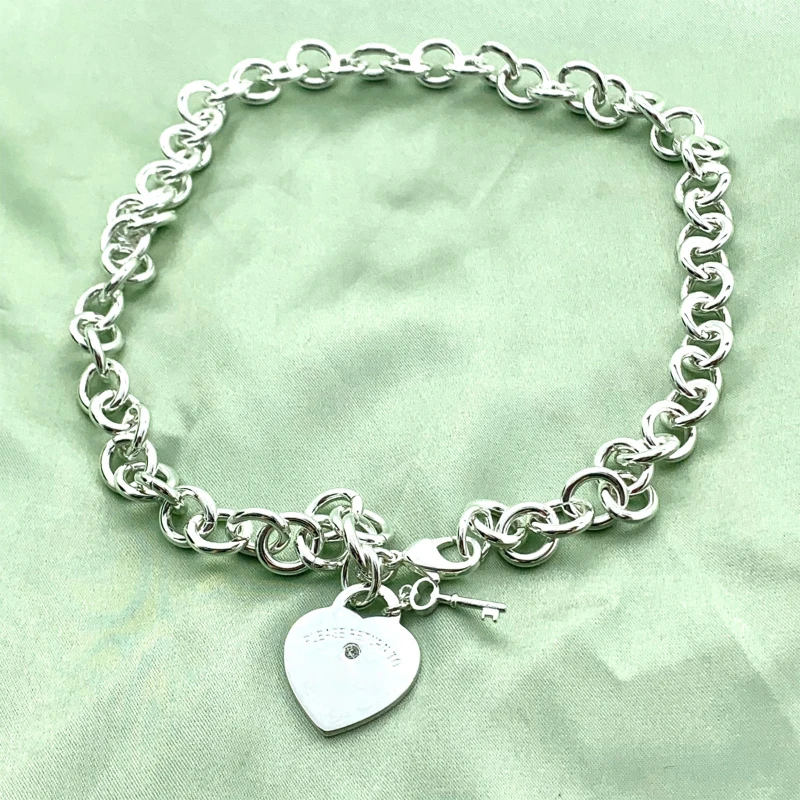 S925 New Popular Style, High-end Design, Versatile Style, Thick Chain, Heart-shaped Tag Necklace with Or Without Diamonds