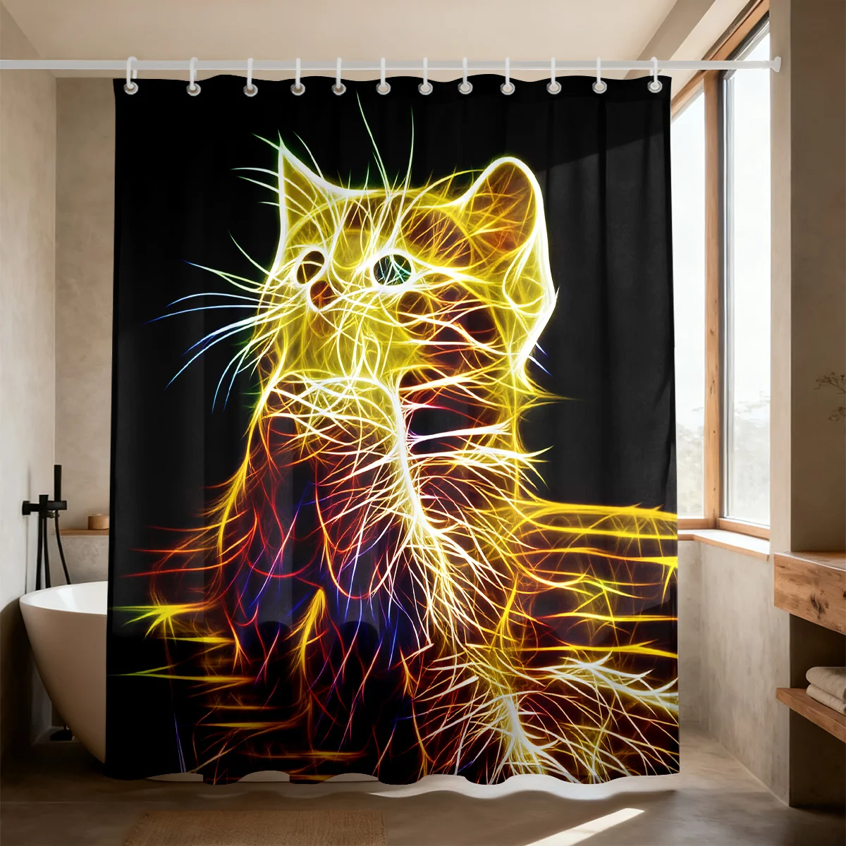 Neon Line Art Cat Print Bath curtain Soft t Lightweight Warm Sofa Bed Cover Black Background Glowing Kitten
