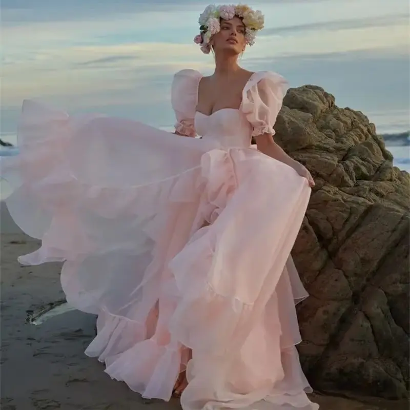 

MD Princess Pink Square Collar A-line Evening Dresses Puff Sleeves Ruffles Hanbok Customized Party Gown Vestidos De Novia 2025
