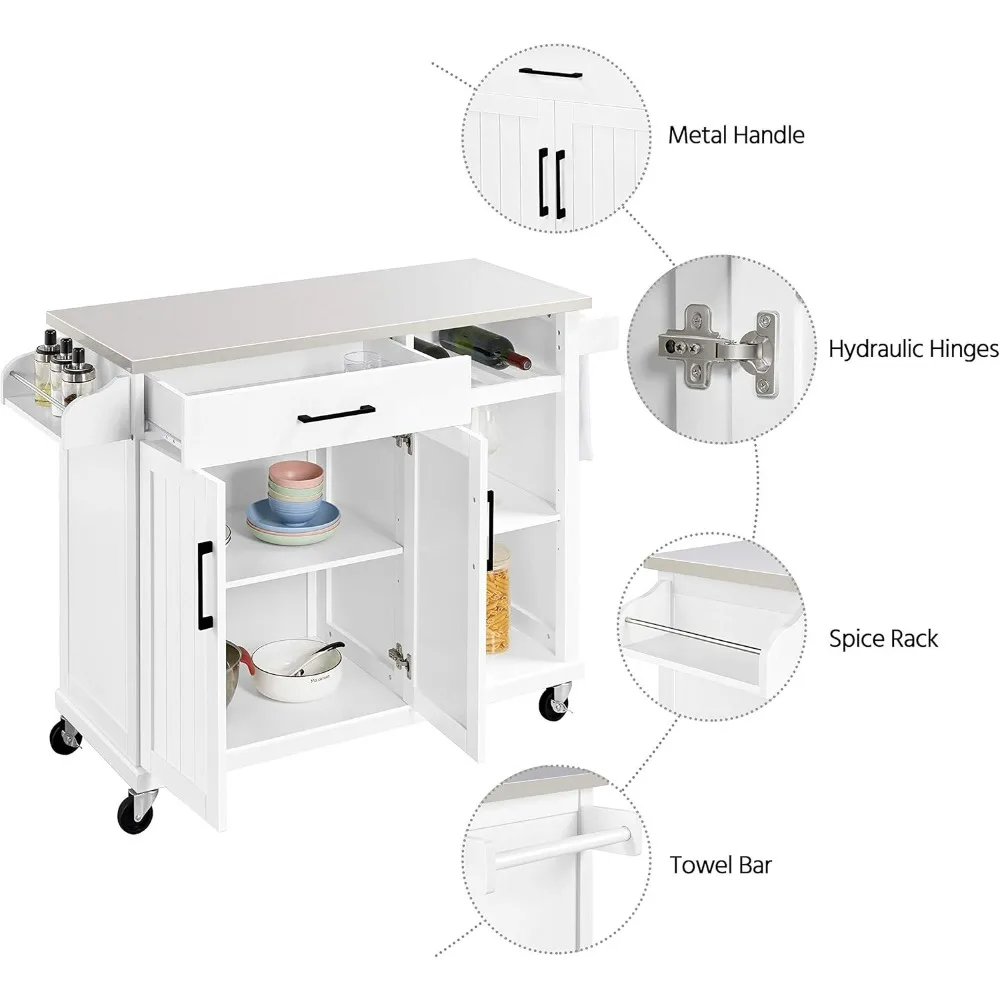 Kitchen Island Cart with Stainless Steel Top, Rolling Storage Cabinet on Wheels with Drawer & Wine Rack & Spice Rack, Sideboard