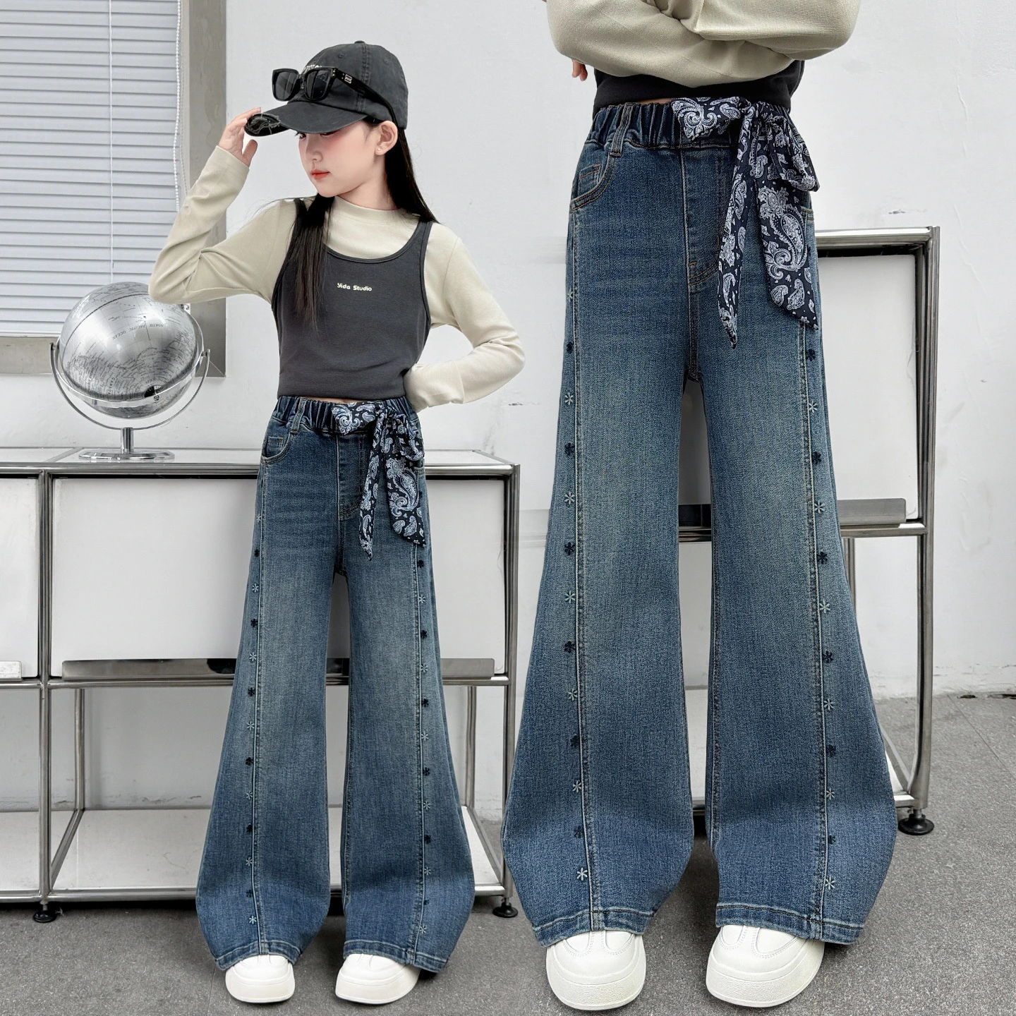 High waisted Fashion Embroidered Jeans For Girls' 2026 New Autumn Micro Flared Pants with Scarf Kids Casual Denim Trousers