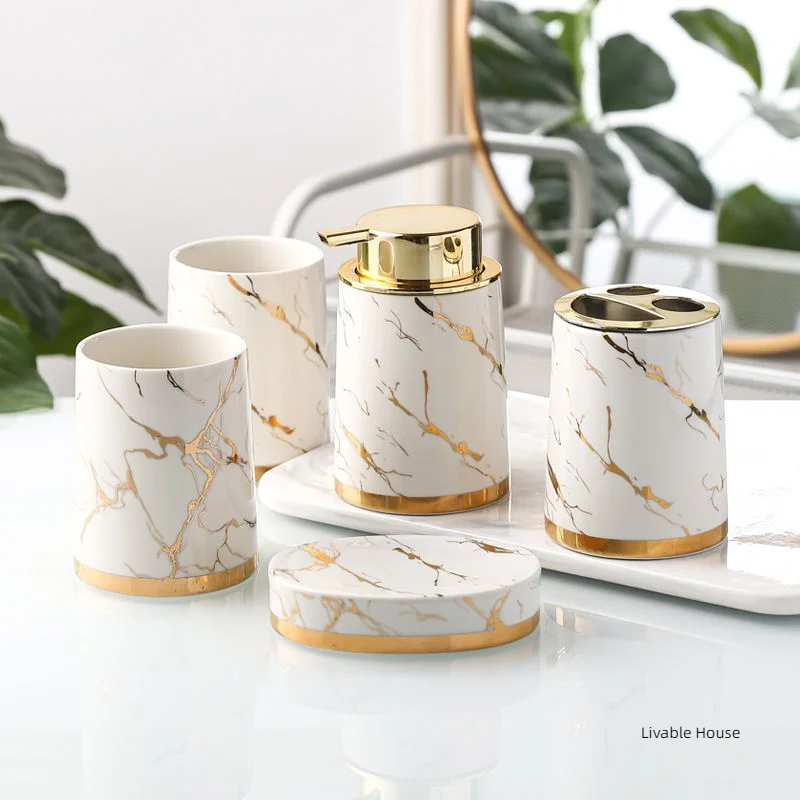 Marbling Ceramic Bathroom Accessories Set Toiletries Wash Set Mouth Cup Lotion Bottle Toothbrush Holder Soap Dish Bathroom Suppl