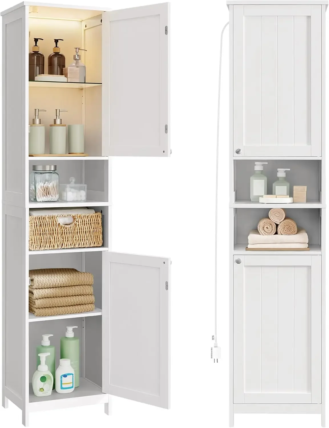 Tall Bathroom Cabinet with Lights, Slim Bathroom Storage Cabinet, Freestanding Narrow Cabinet with Adjustable Shelves, for Small