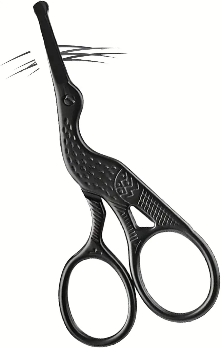 Black Stork Shape Stainless Steel Facial Scissors with Round Tip, Safe Nose Hair Trimming Scissors for Eyebrow, Beard & Ear Hair, Professional Grooming Tool for Men Women