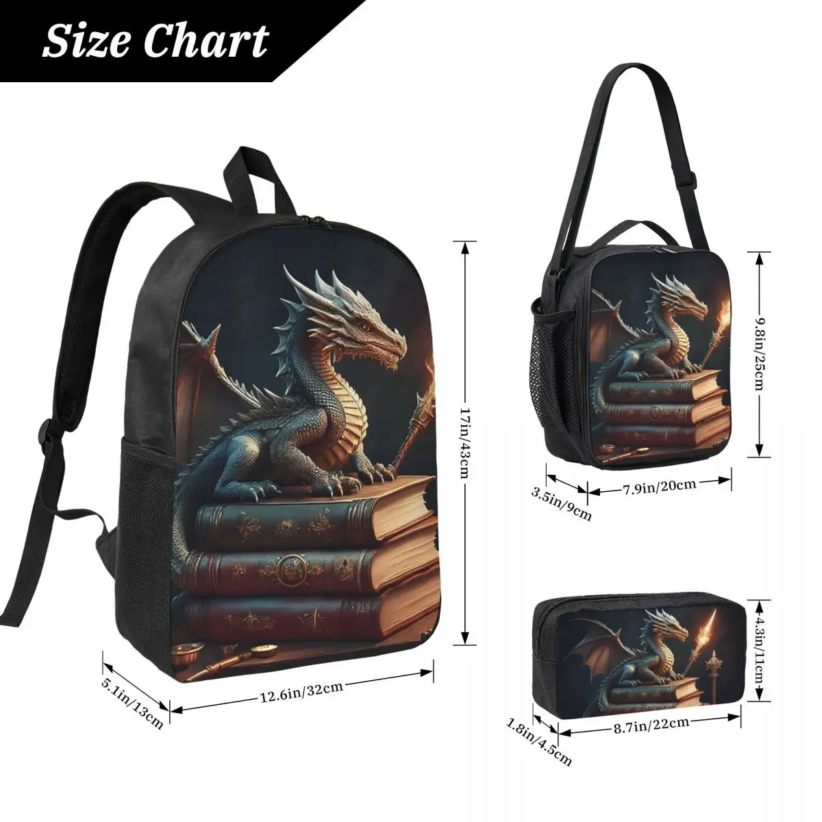 Dragon On Books Vintage Backpack Boys Girls BookBag School Bag Computer Shoulder Bags 3ps Insulated Lunch Bag Pencil Case