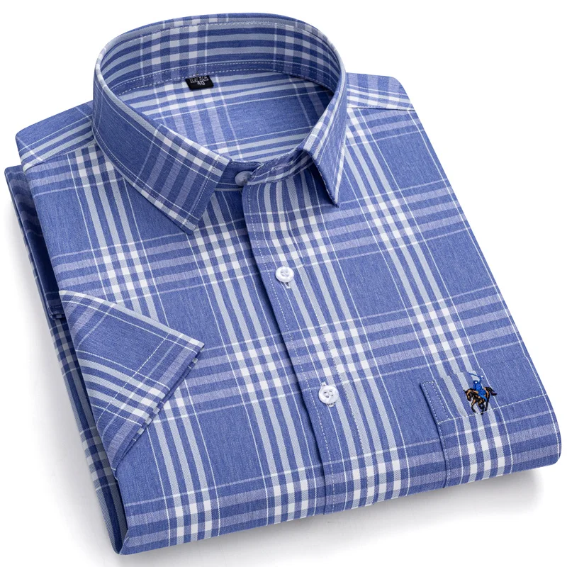 

Мужская клетчатая рубашка с коротким рукавом с вышивкой — универсальный дизайн с одним нагрудным карманом — идеально подходит для стильной летней уличной одежды