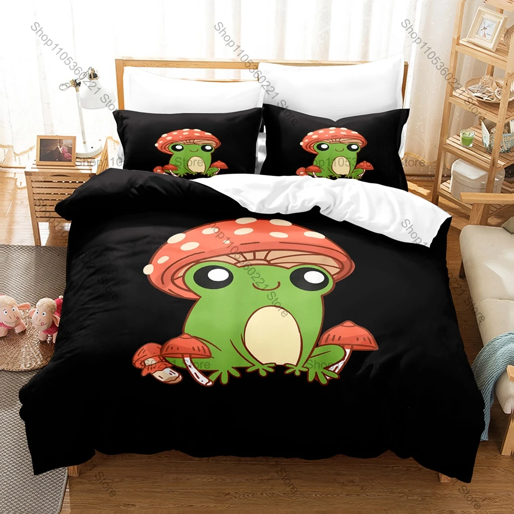 Cottagecore Frog Mushroom 3D Print Bedding Set Includes Duvet Cover + 2 Pillowcases Cute Forest Bedroom Decor For Nature Fans