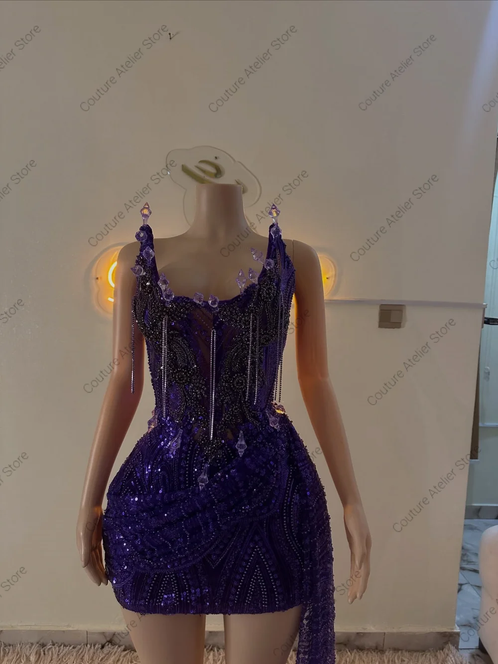 فساتين حفلة موسيقية بدون حمالات من حجر الراين الأرجواني بدون حمالات للفتيات السود ذيل جانبي فساتين حورية البحر لحفلات الزفاف حسب الطلب #2