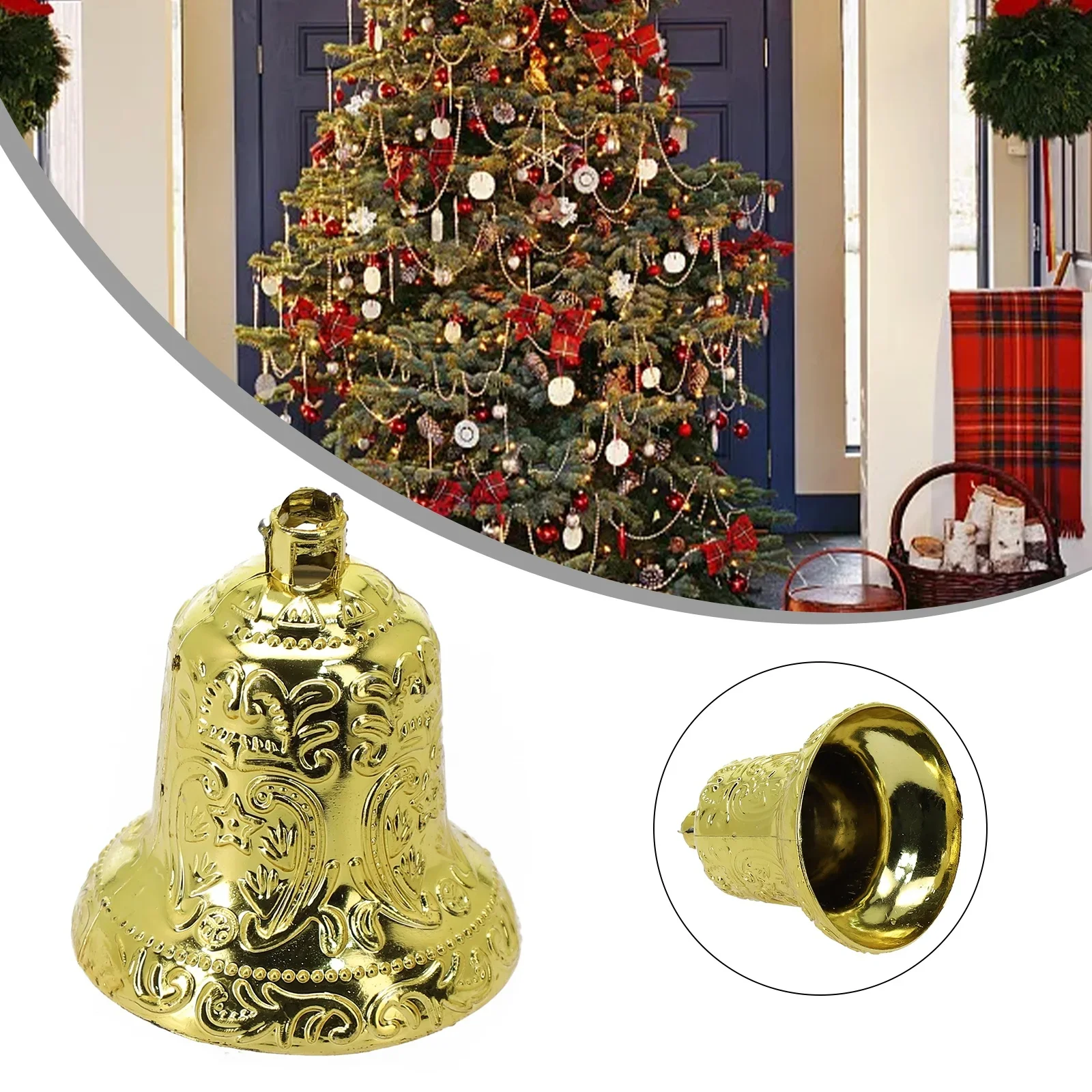 6/8/10cm Golden Christmas Bell With Hanging Hole Unique Texture Plastic Bell Pendant Xmas Decoration Party Supplies Home Decor ﻿