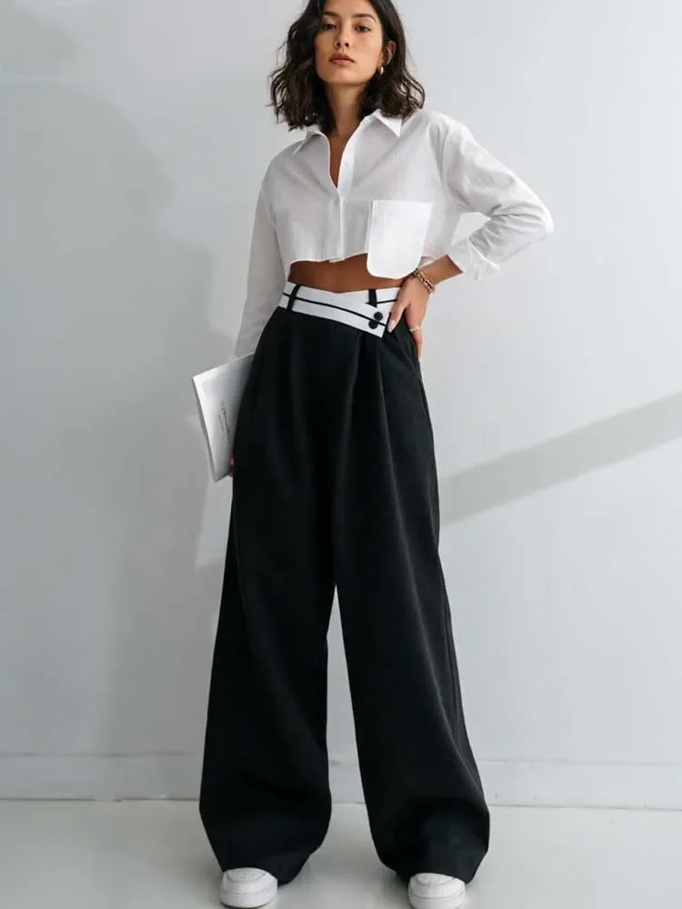 Chic Spliced Women Loose Wide Leg Pants High Waist Color Block Design Long Pants Basic Spring Autumn Casual Simple Suit Trousers