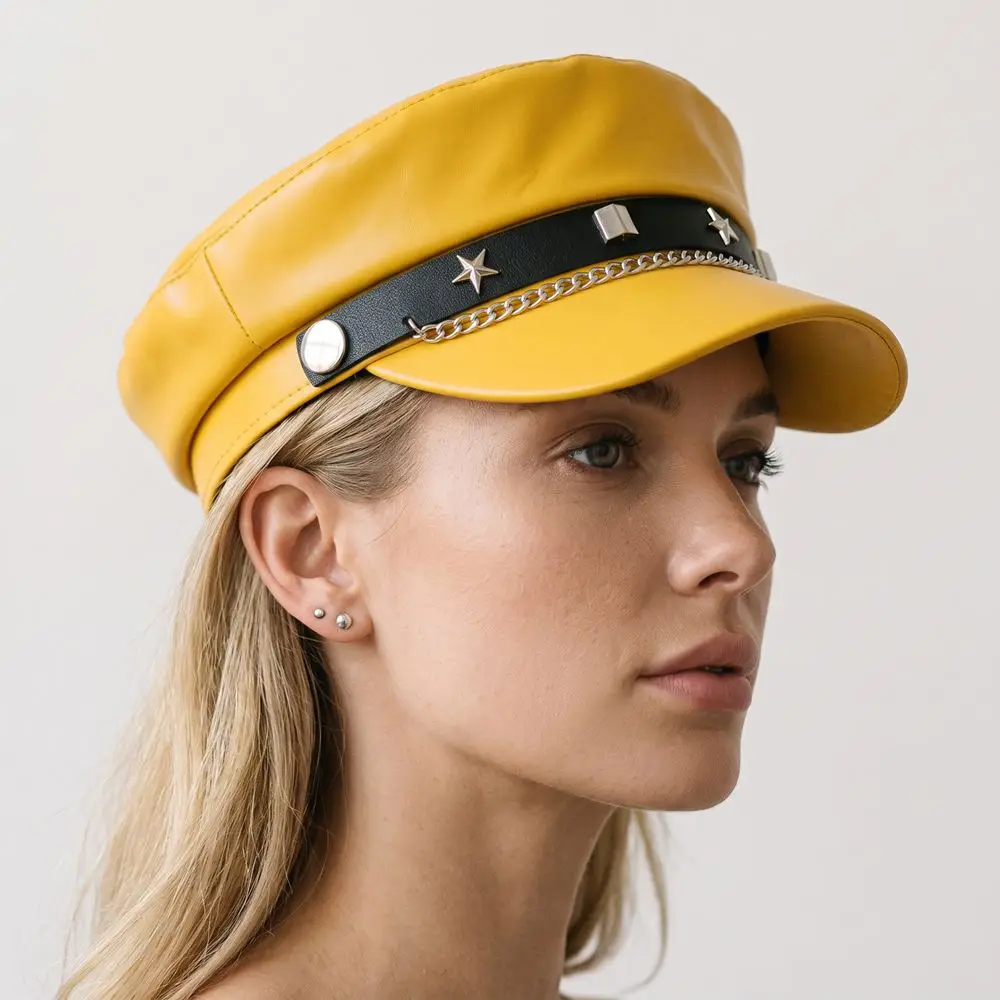 Fashion Hip-hop Star Rivet Beret Y2k British Flat Top Cap Metal Chain Decor Black Octagonal Cap for Girls