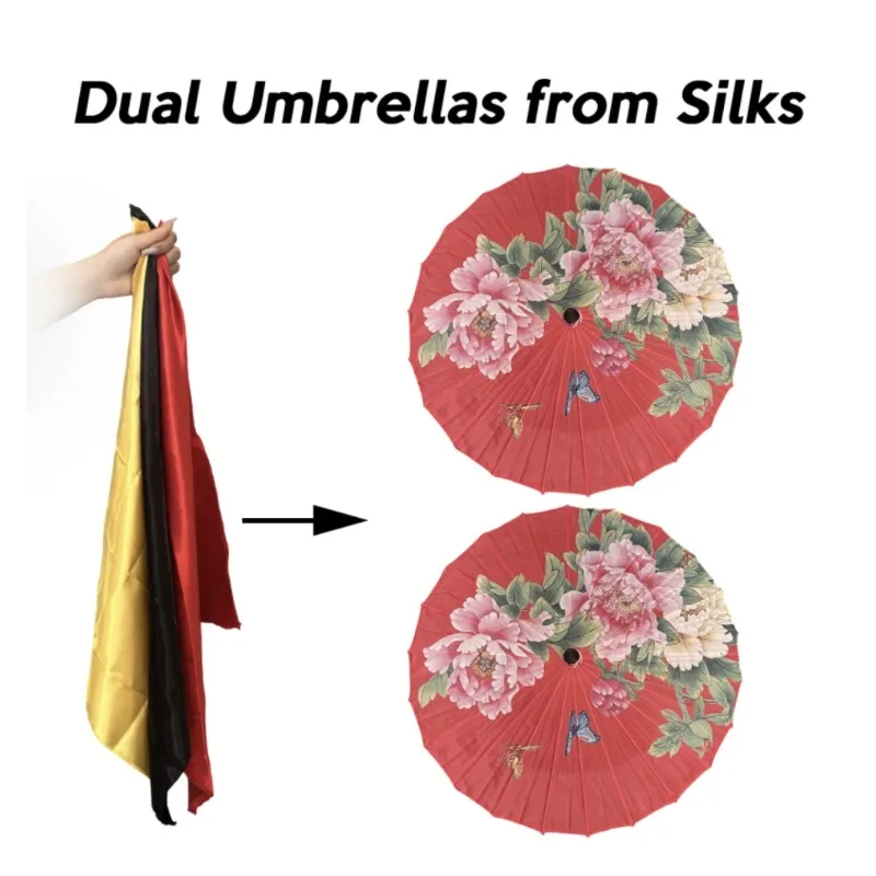 Dual Umbrellas From Silks Magic Trick 2 Umbrella Production Silks Chinese Style Peony Umbrellas Stage Magic Gimmick Magician
