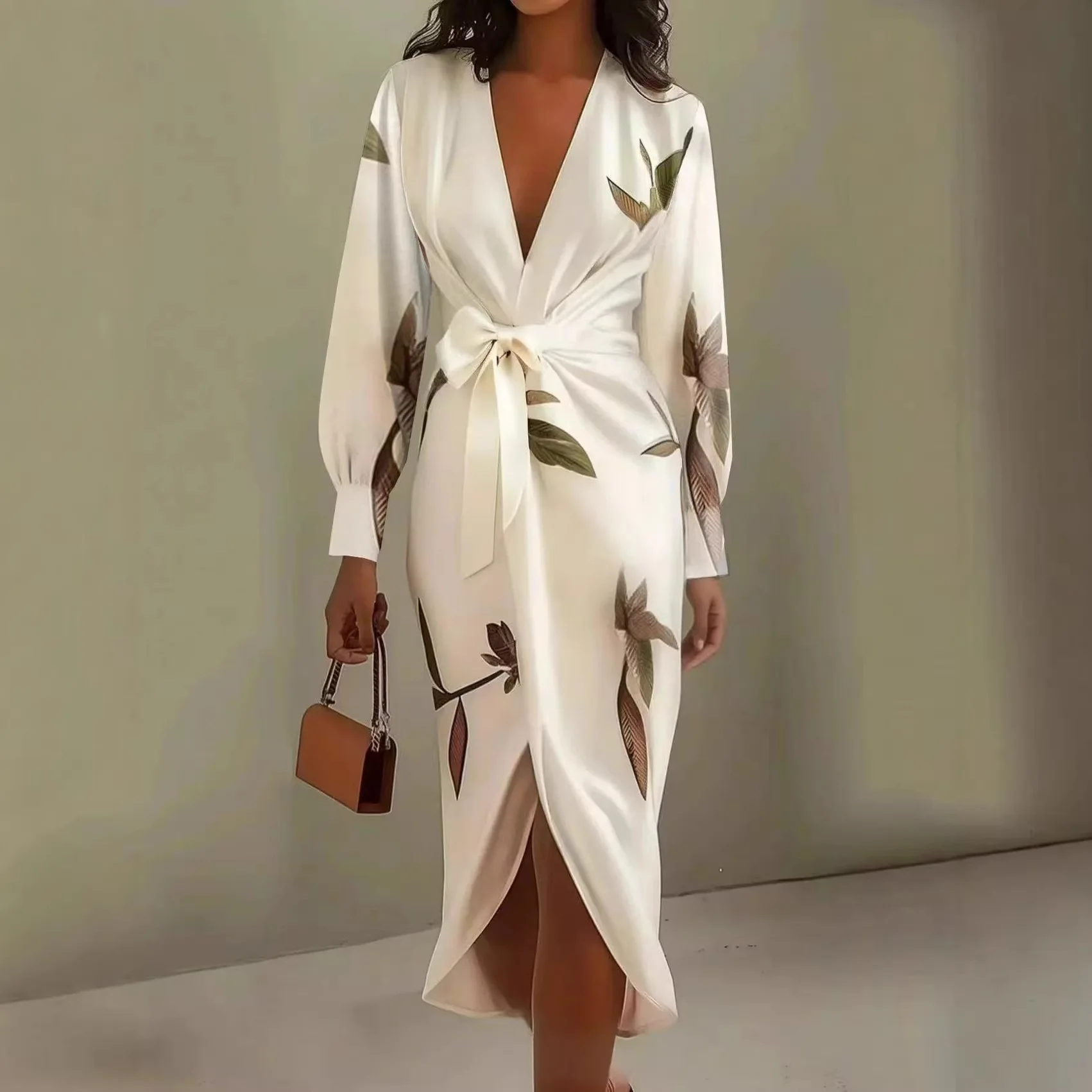 

Printed Dress Women Spring Summer V Neck Long Sleeve Tie Front Maxi Dresses Bohemian Beach Vacation Sundress Casual Outfit