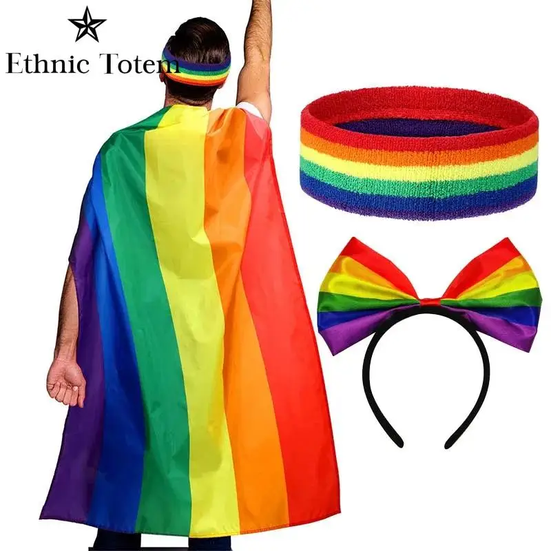 Capa de arcoíris con bandera LGBT para hombres y mujeres adultos, diadema con bandera del orgullo, muñequeras, fiesta de vacaciones, celebración, disfraz, vestido, 2024