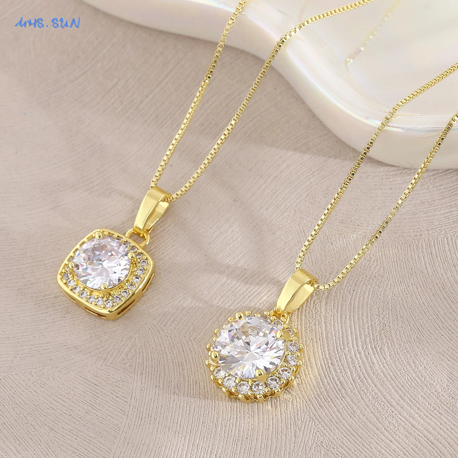 MHS.SUN Luxury Sparkling White Zircon Round Square Pendant Necklace 22K Gold Plated Fashion Wedding Engagement Choker Jewelry