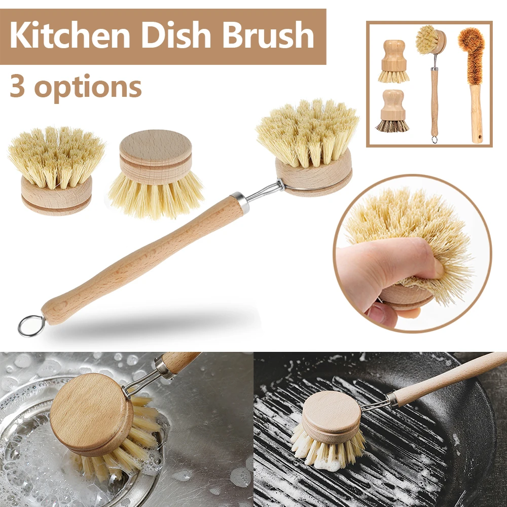 Kitchen Dish Brush Long Handle Wooden Brush with 4 Replacement Brush Heads Household Kitchen Cleaning Tool for Pans Pots Bowl