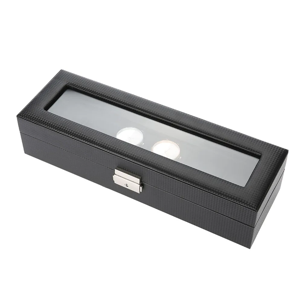 Elegant Carbon Fiber Watch Box Leather 6-Slot Storage Box Black Woven Pattern Display Case Collection