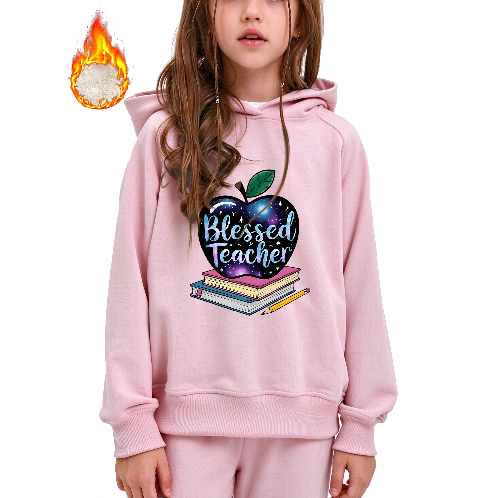 Girls Hoodie Sweatshirt Blessed Teacher Galaxy Apple Book Print Casual Pullover For 3 14 Years Old Girls Autumn Daily Tops