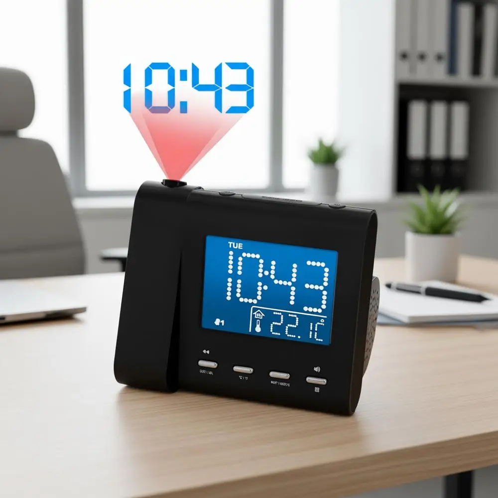 

Проекционный будильник с AM/FM-радио, резервным питанием от батареи, автоматической настройкой времени, двойным будильником, таймером для сна, отображением температуры в помещении и даты.