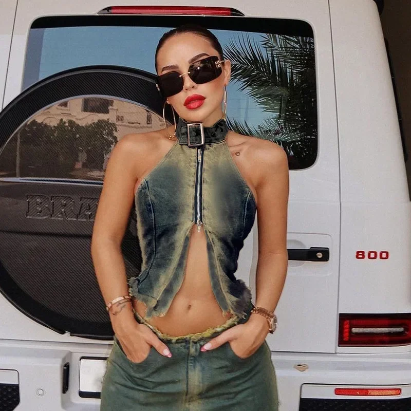 

Summer Fashion Women Denim Bustiers Crop Top Off Shoulder Backless Zipper Split Buckle Halter Strapless Vintage Lady Corset Tops