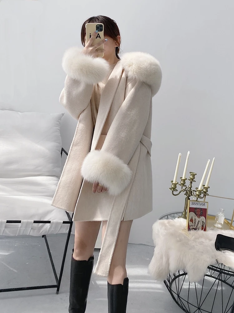 2024 New Oversize Ladies Outerwear Real Fur Coat Winter Jacket Women Natural Fox Fur Collar Cuffs Hood Cashmere Wool Woolen