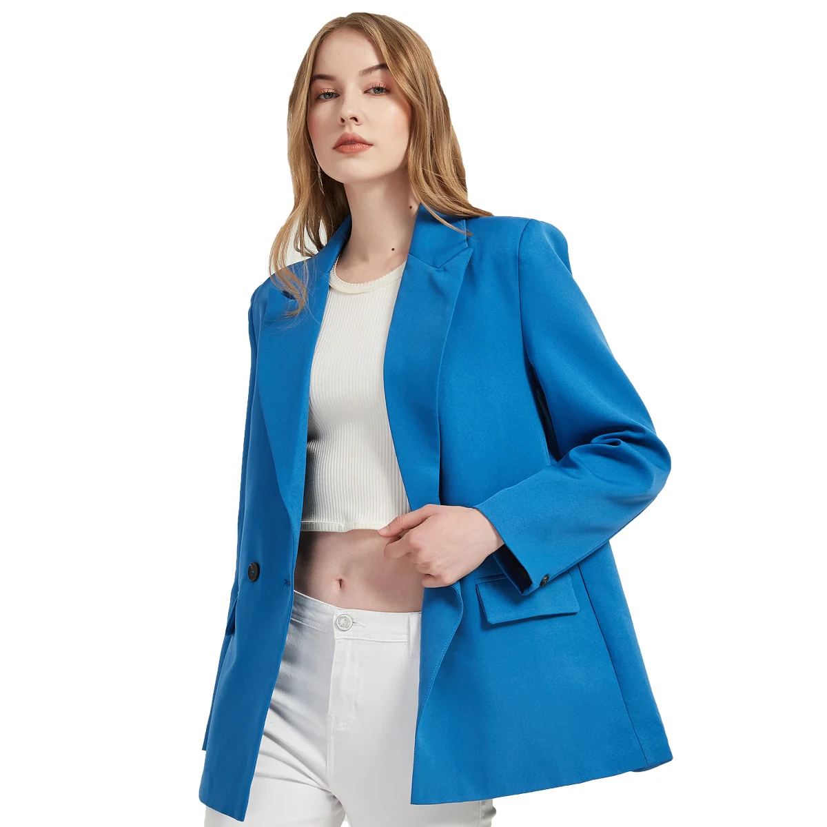 Autumn and spring women\'s blazer jacket casual solid color double-breasted pocket decorative coat