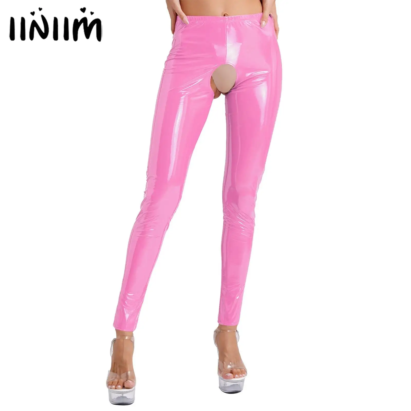 Womens Lingerie Latex Pants Glossy Patent Leather Crotchless Elastic Waistband Leggings High Waist Exotic Long Pants Clubwear