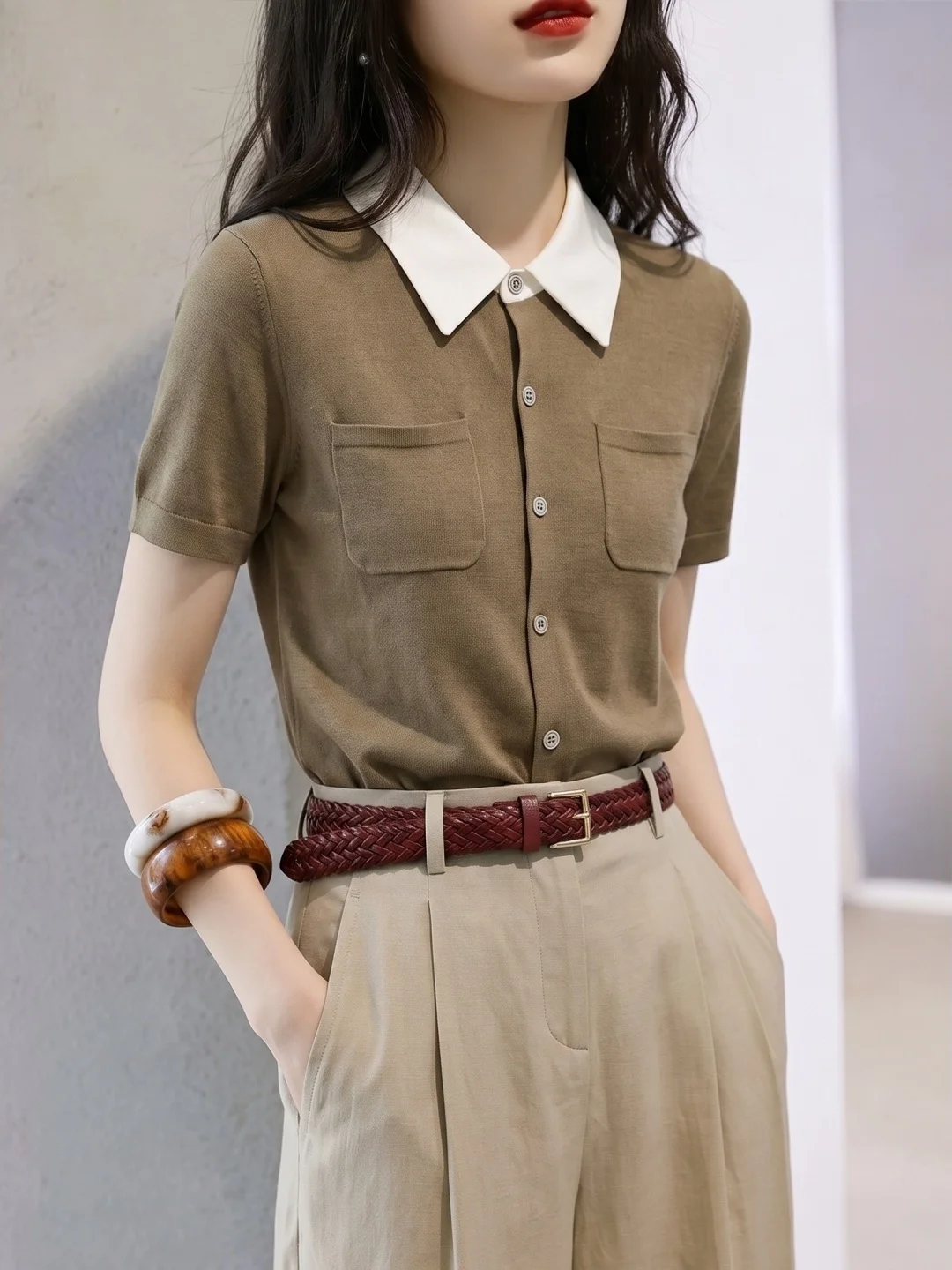 Summer Ice Silk Knitted  Neck Short Sleeve Women's Top Color Block Design Korean Style Fashionable Ageless Versatile Shirt