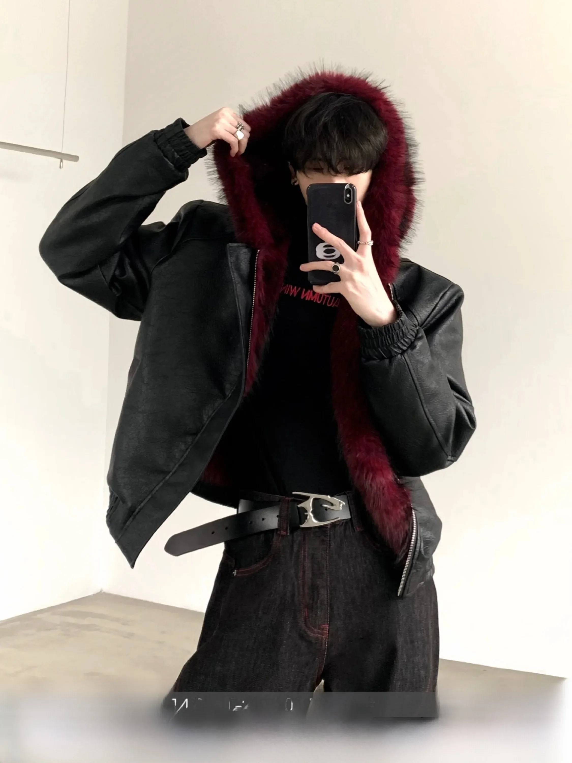 Autumn Mountain Wind Blood Red Eroded 20 Wolf King  Mountain Eagle Thick Jacket Men's Furry Hood American Visual Style Le...
