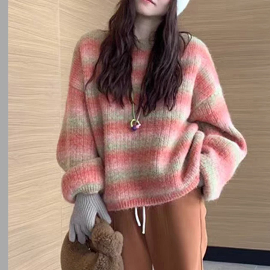 Women Chic Gradient Striped Loose Sweater Elegant Round Neck Lantern Long Sleeve Knitted Pullover Autumn Ladies Street Knitwear