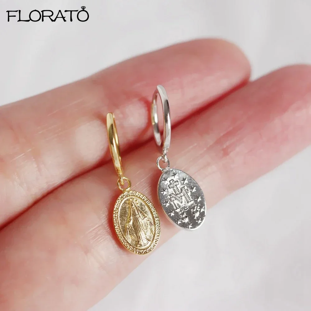 Gold Color Santa Maria Coin Pendant Earrings 925 Sterling Silver Needle Fashion Small Hoop Earrings for Women New Jewelry Bijoux