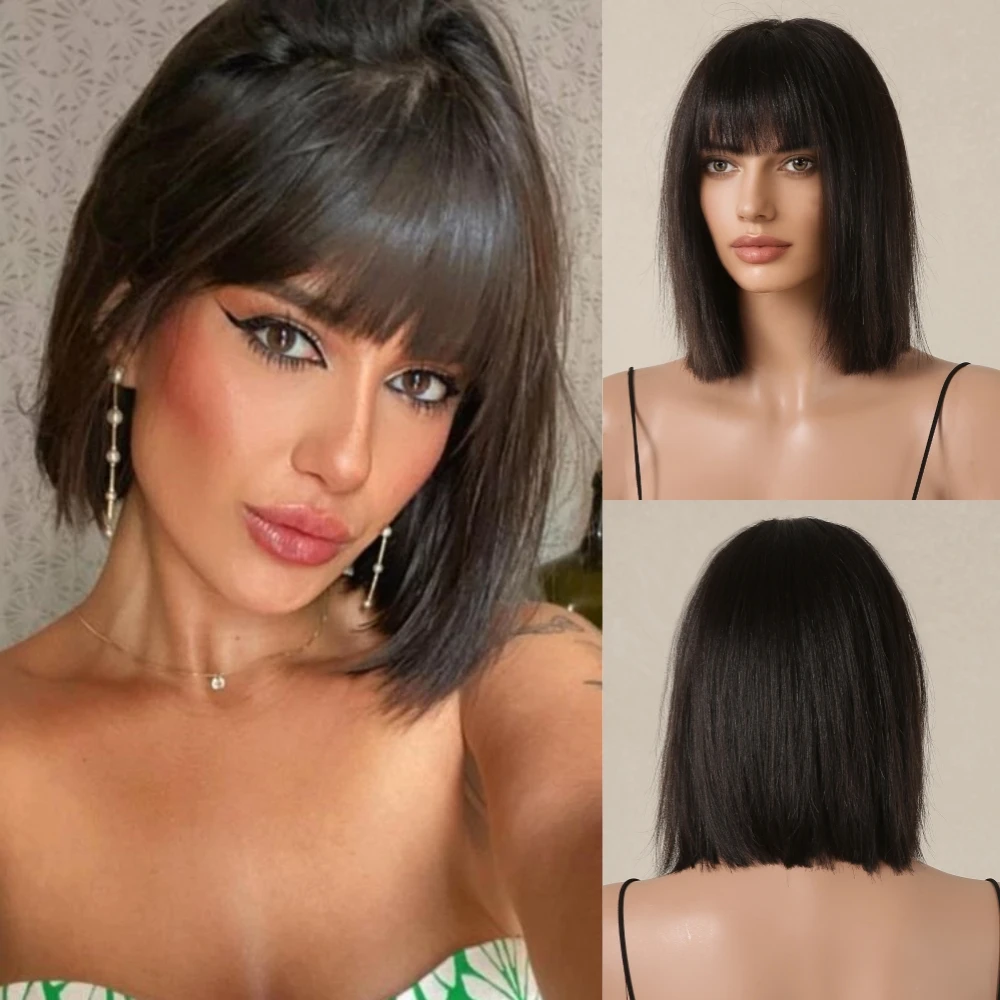 High Density Human Hair Bob Wigs Short Straight Natural Black Wig with Bang Realistic Scalp 100% Remy Human Hair Wigs for Women