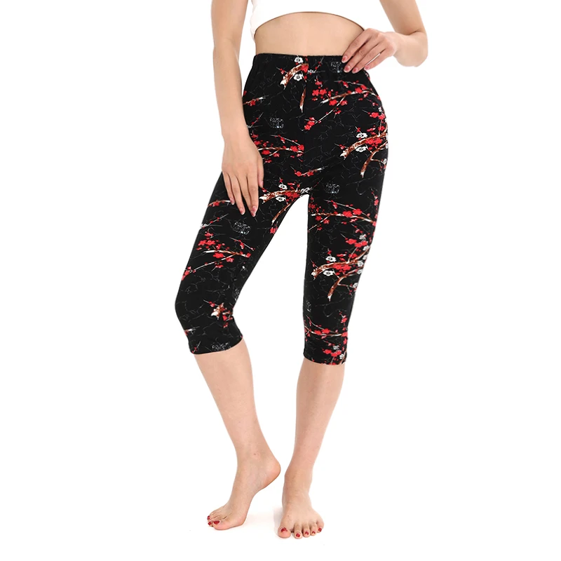 K481 European and American Fashion Style Elegant Plum Blossom Pattern Seven Point Leggings Casual Vacation Fitness Pants