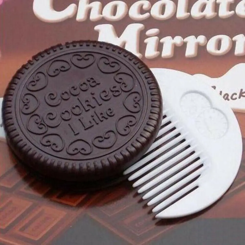 Mini Chocolate Cookie Mirror Biscuits Shape Cute Makeup Mirror with Comb Hair Styling Tool Cartoon Folding Compact Pocket Mirror