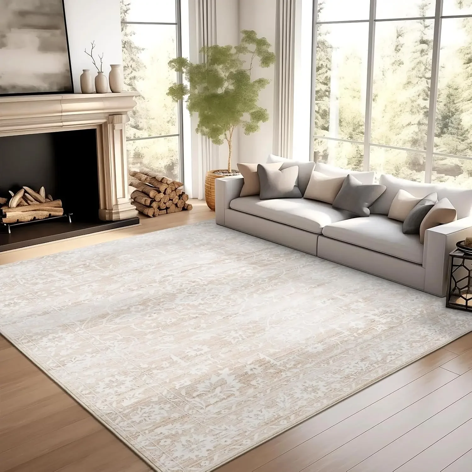 Rugs for Living Room, Stain Resistant Neutral Washable Rugs for Dining Room, Floral Vintage Non-Slip Thin Large Size Area Rug Be