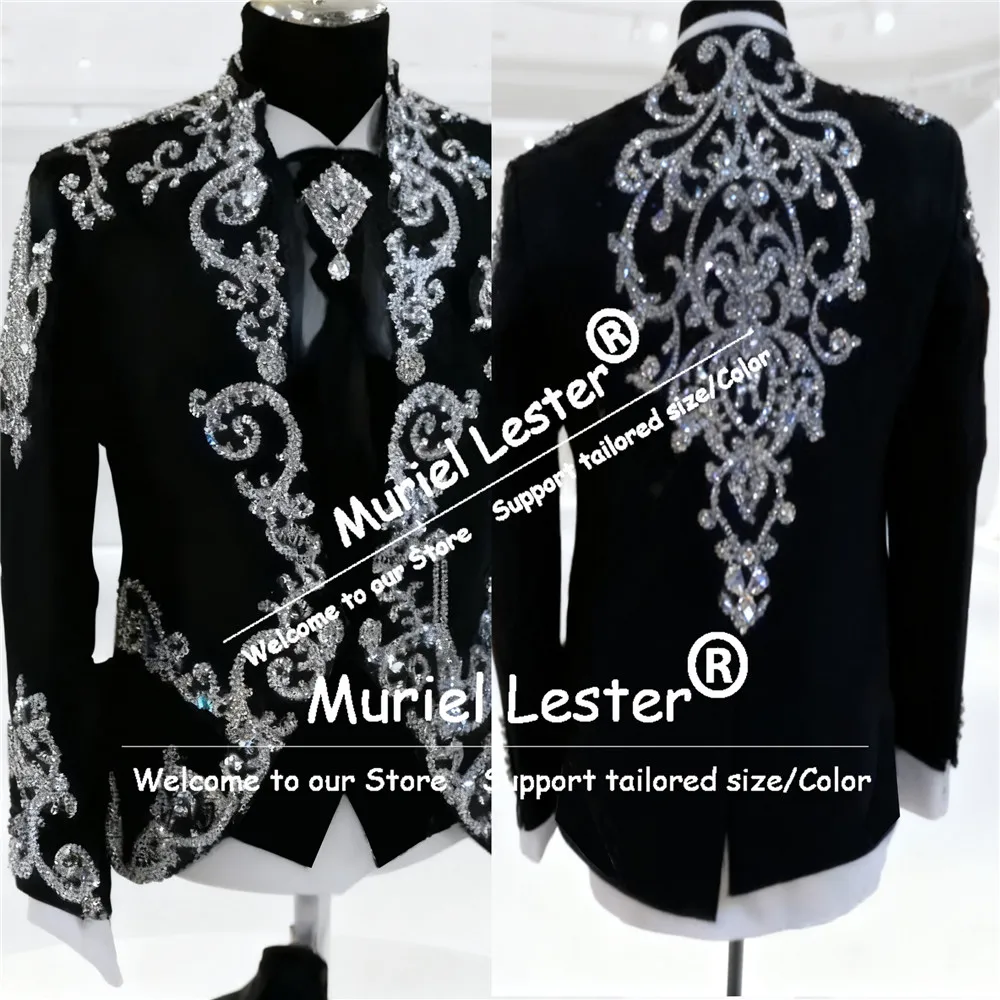 

Мужской костюм с серебряными кристаллами и бисером, комплект из двух предметов, однобортный пиджак, брюки, индивидуальные свадебные смокинги для жениха, роскошные мужские костюмы