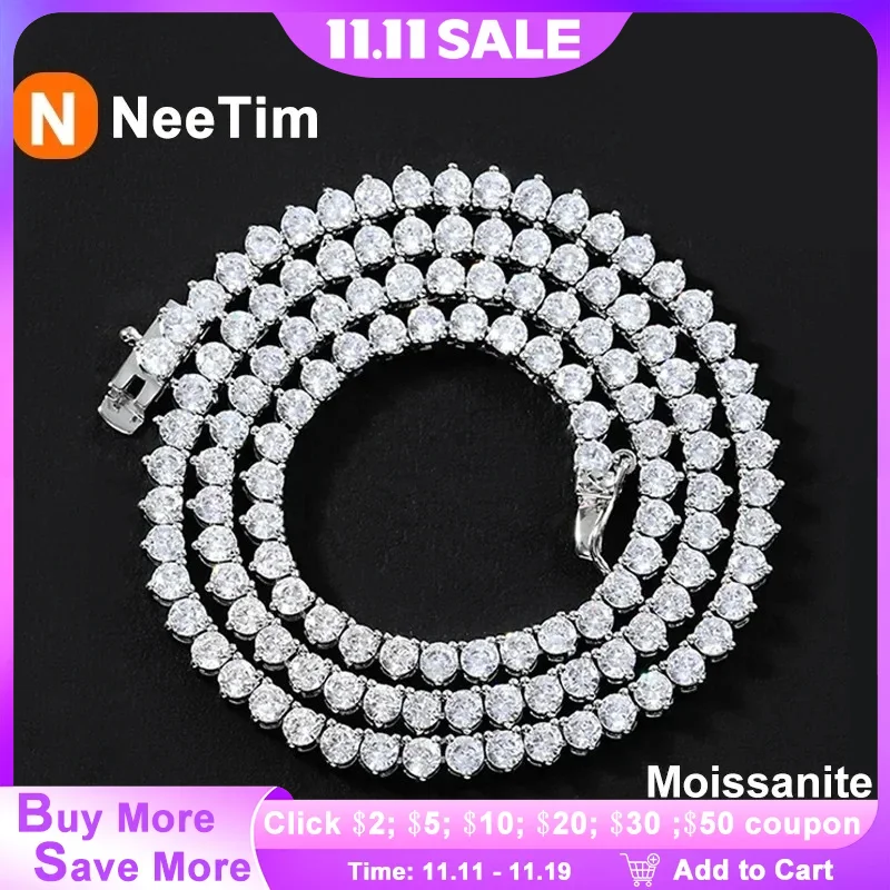 

NeeTim Moissanite Tennis Necklace 3 Claw 925 Sterling Silver Plated 18k White Gold Sparkling Lab Diamond Necklaces for Women