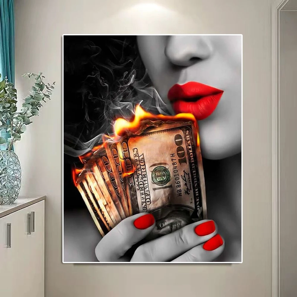 

Sexy Red Lips Portrait Canvas Painting Abstract Woman With Money Poster And Print Fashion Wall Art Living Room Home Decoration