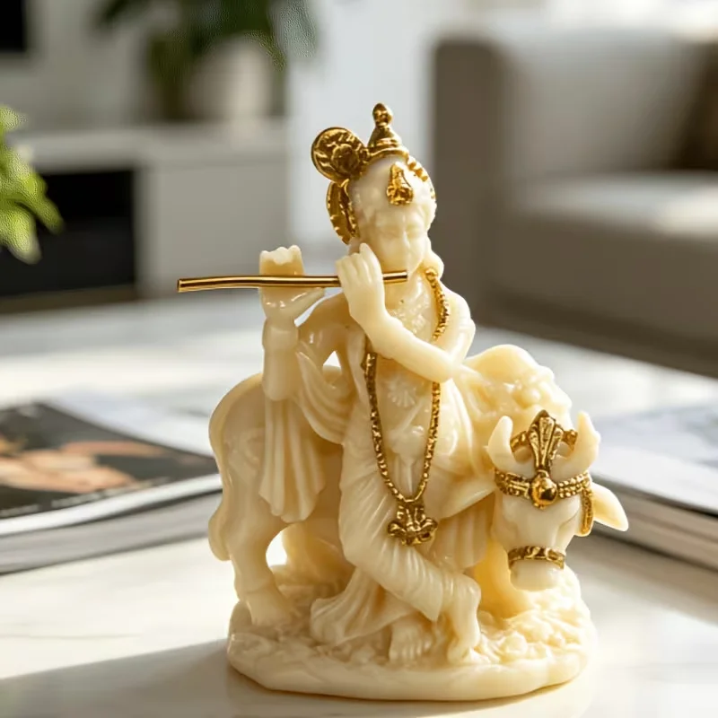 Ivory Gold Hindu Style Flute Statue for Home Decor