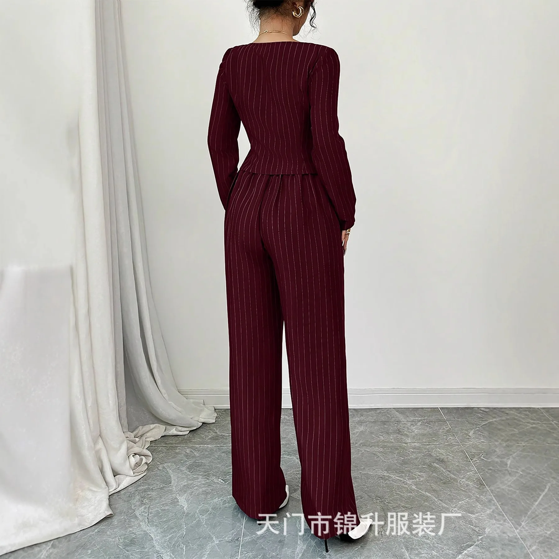 Women's Elegant Striped Square-neck Slim-fit Long-sleeve Top And Wide-leg Pants Two-piece Set Wedding Dress Boho Beach Femme