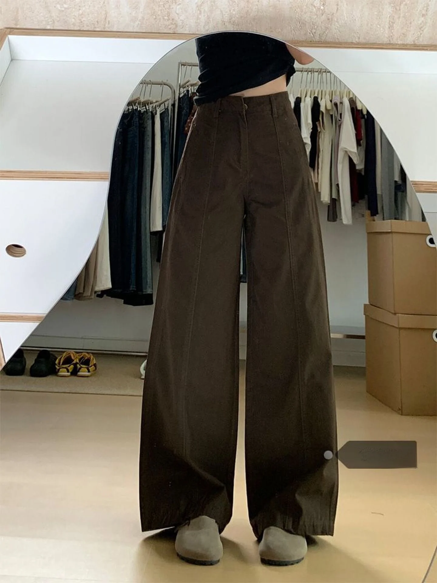 

American High Waist Slimming Brown Denim Pants Women Summer New Loose Wide Leg Jeans Retro Patchwork High Waist Straight Cut