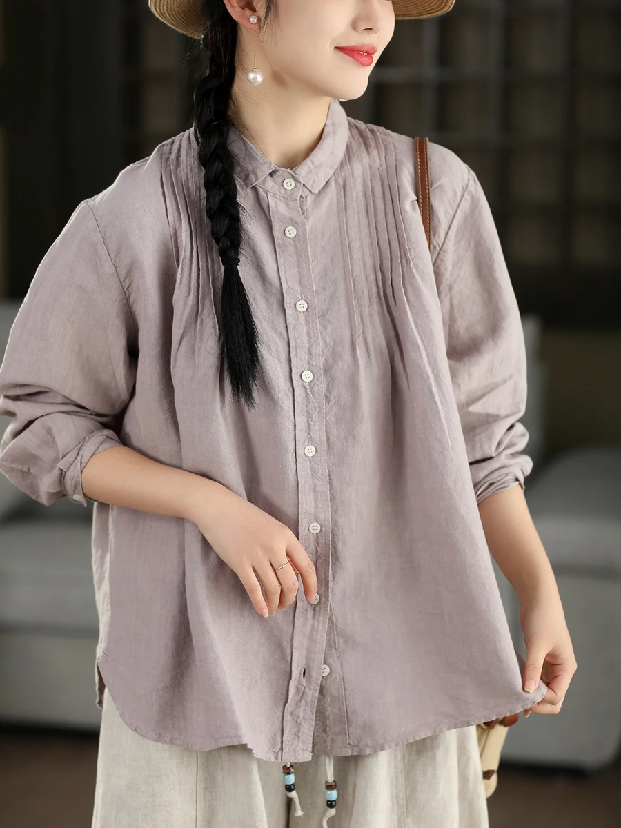 

Double Threaded 34 Long Sleeve Shirt Linen Material Accordion Pleat Collar Single Button Loose Fit Women's Spring Summer Top